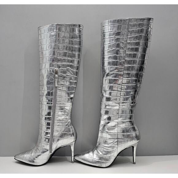 Black Suede Studio Tory Knee High Boot EU 38 Metallic Silver Croc Embossed Heel - Picture 2 of 16